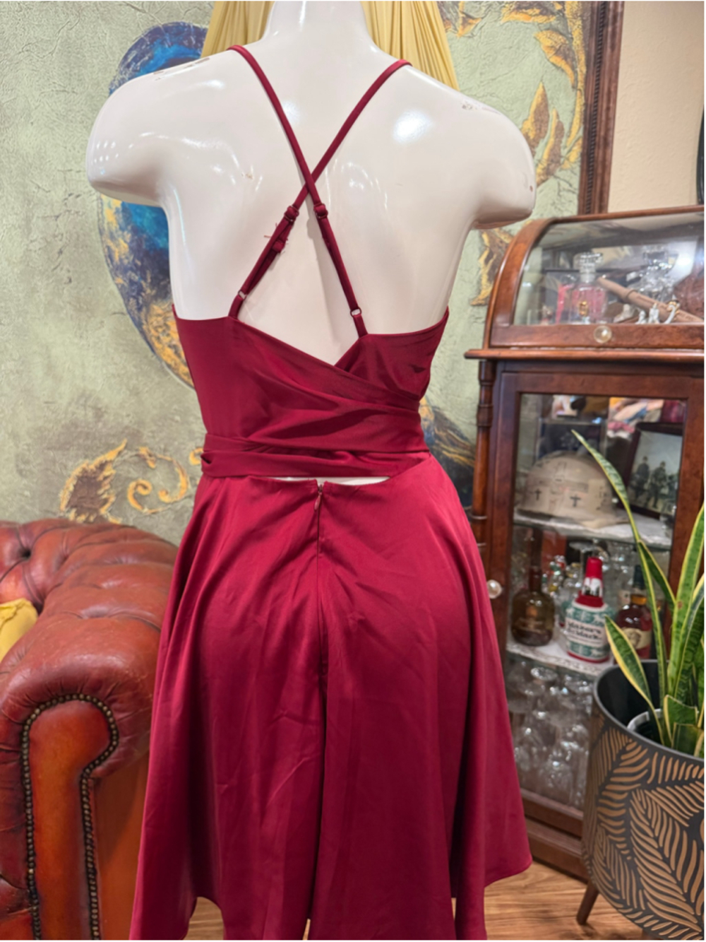 Lulus Women Burgundy Red Satin Halter Wrap Skater Cocktail Dress Size Small EUC - Picture 5 of 11
